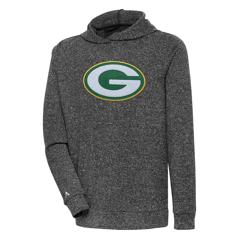 Men's Antigua Heathered Black Green Bay Packers Absolute Chenille Pullover Hoodie