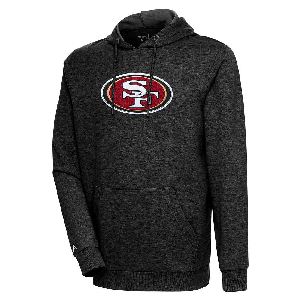 Men's Antigua Heathered Black San Francisco 49ers Action Chenille Pullover Hoodie
