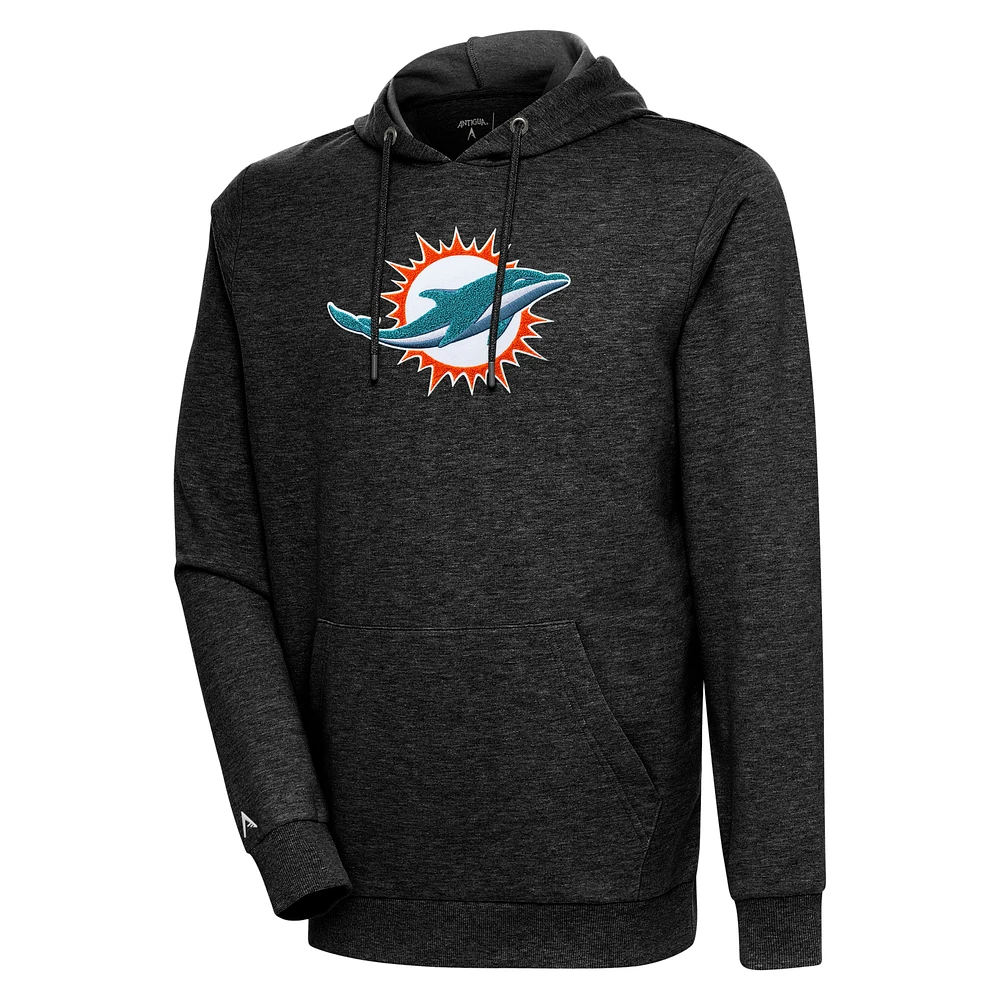 Men's Antigua Heathered Black Miami Dolphins Action Chenille Pullover Hoodie