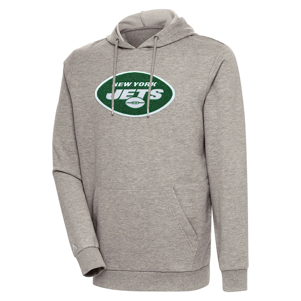 Men's Antigua Oatmeal New York Jets Action Chenille Pullover Hoodie