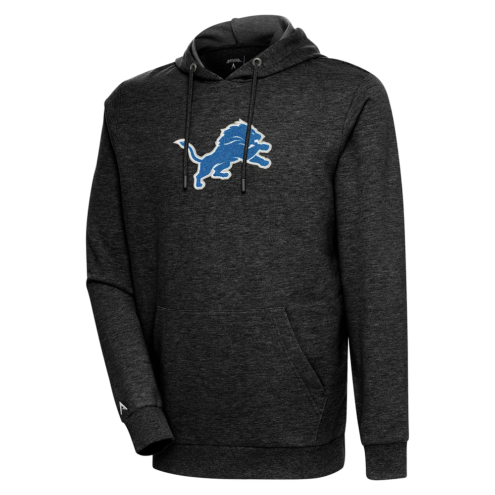Men's Antigua Heathered Black Detroit Lions Action Chenille Pullover Hoodie