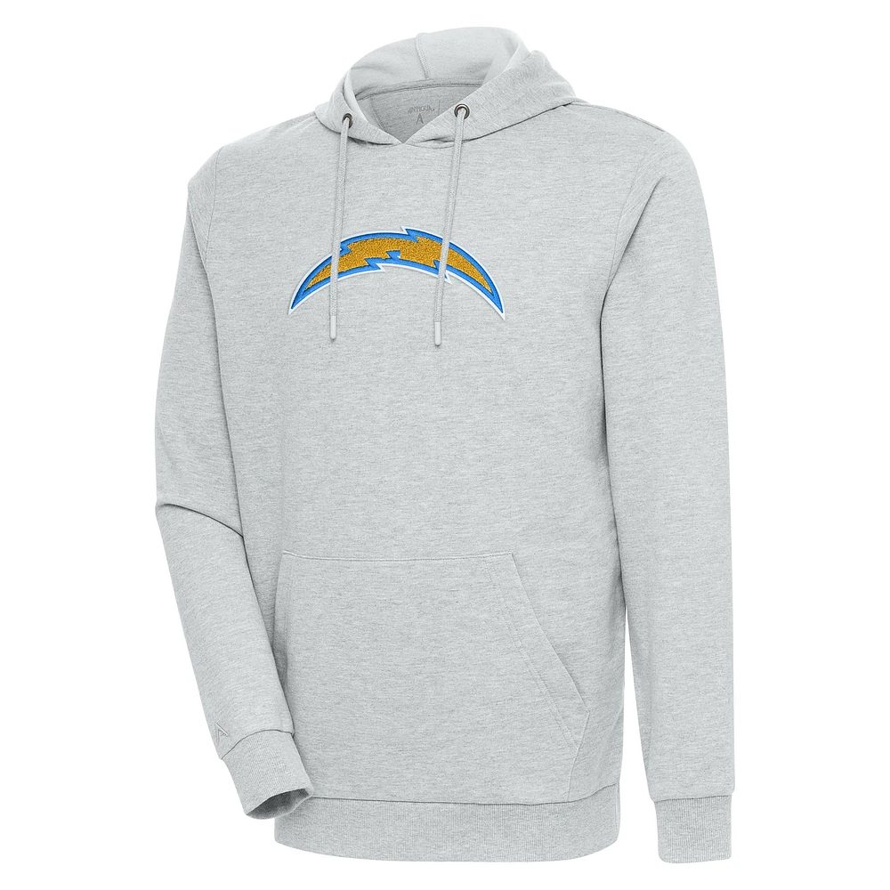 Men's Antigua Heathered Gray Los Angeles Chargers Action Chenille Pullover Hoodie