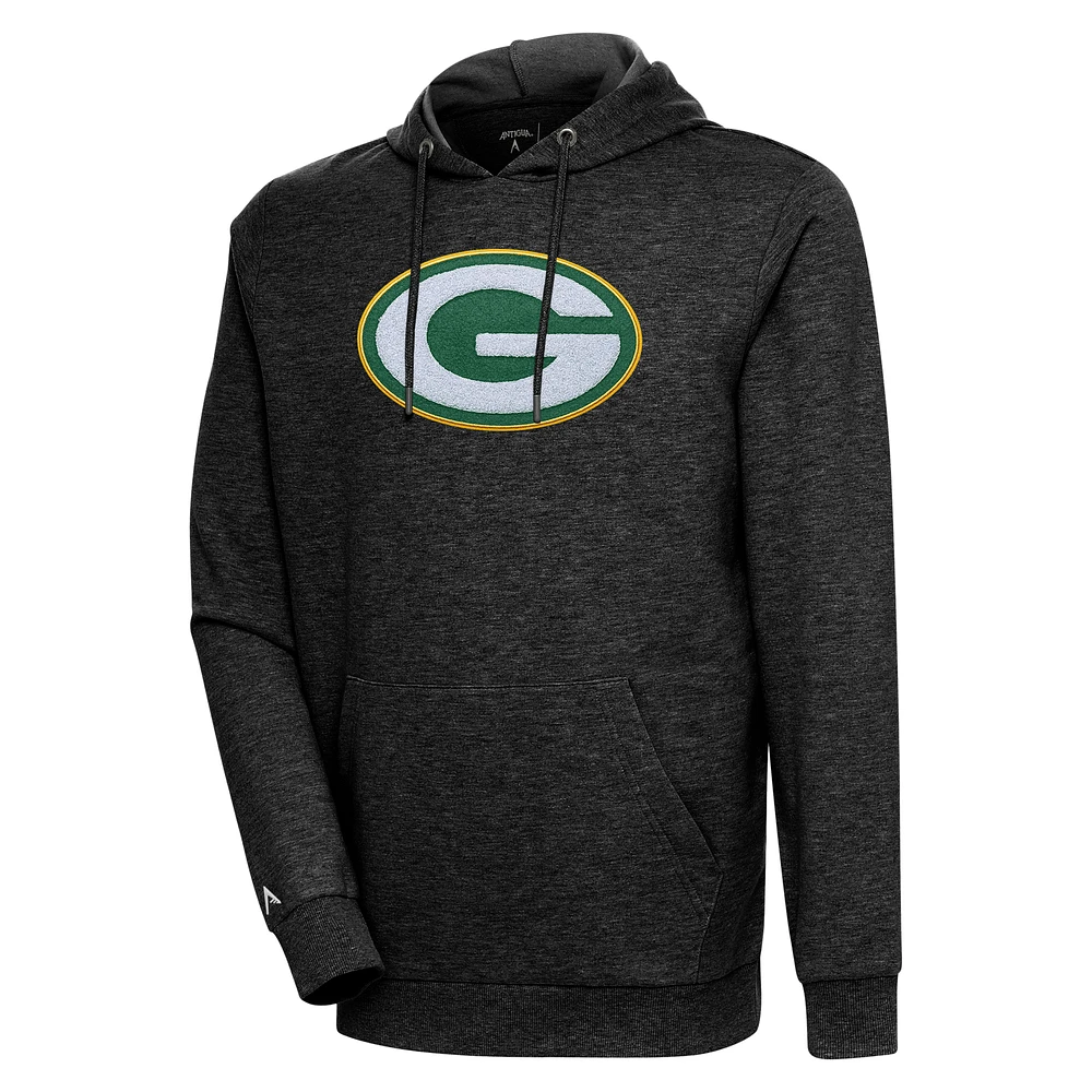 Men's Antigua Heathered Black Green Bay Packers Action Chenille Pullover Hoodie