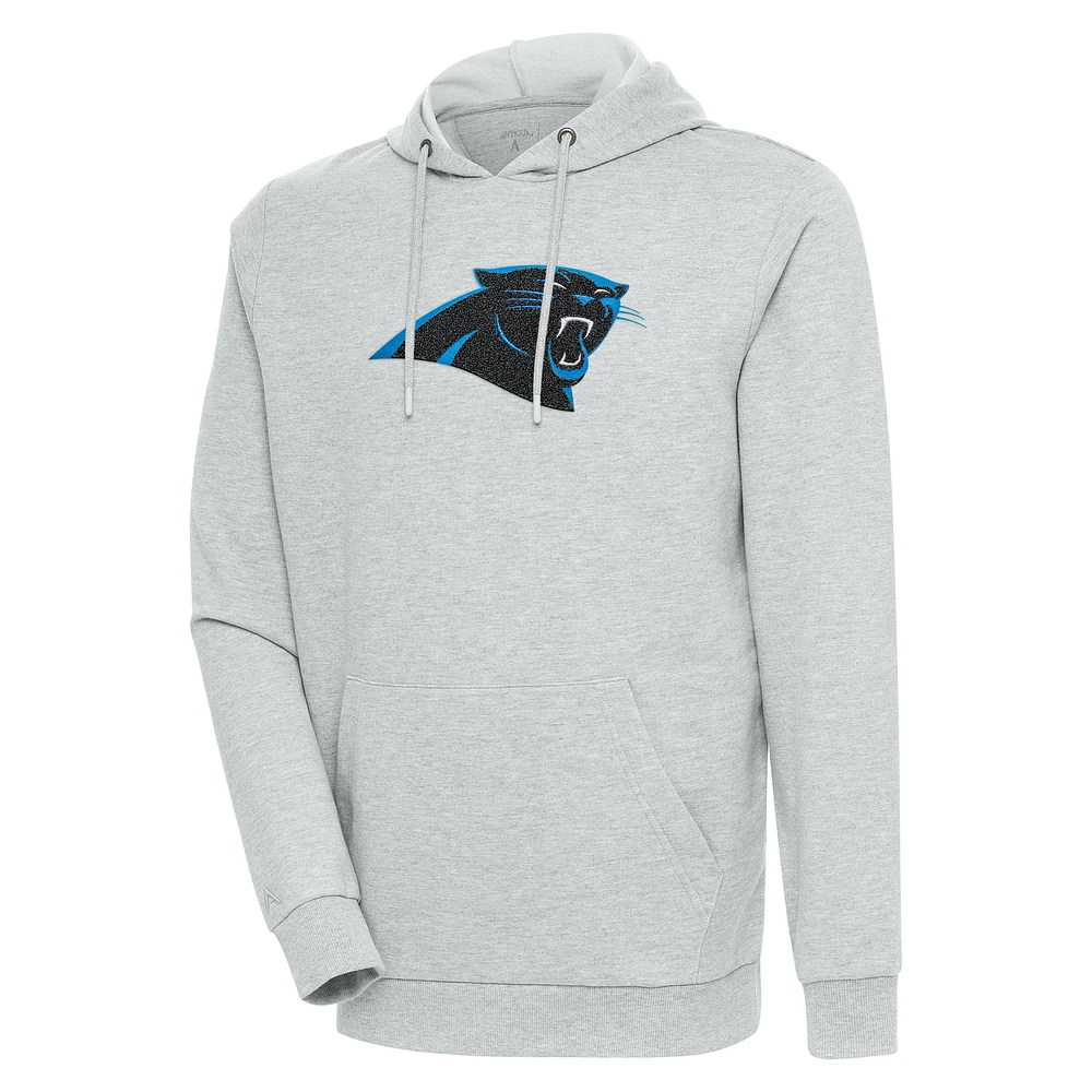Men's Antigua Heathered Gray Carolina Panthers Action Chenille Pullover Hoodie