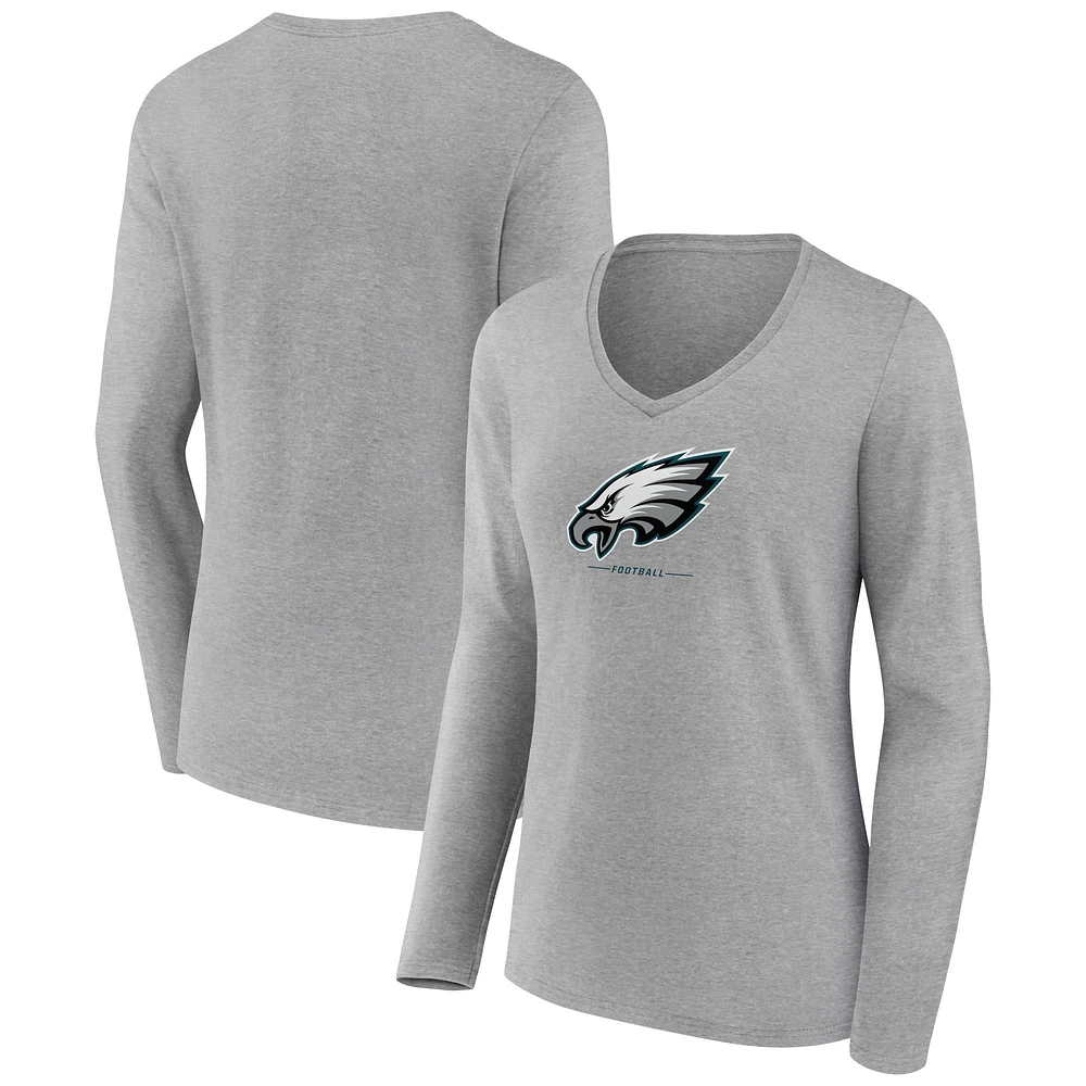 Women's Heather Gray Philadelphia Eagles Logo Team Lockup Long Sleeve V-Neck T-Shirt