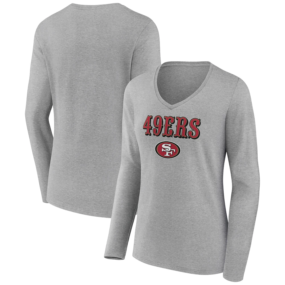 Women's Heather Gray San Francisco 49ers Logo Team Lockup Long Sleeve V-Neck T-Shirt