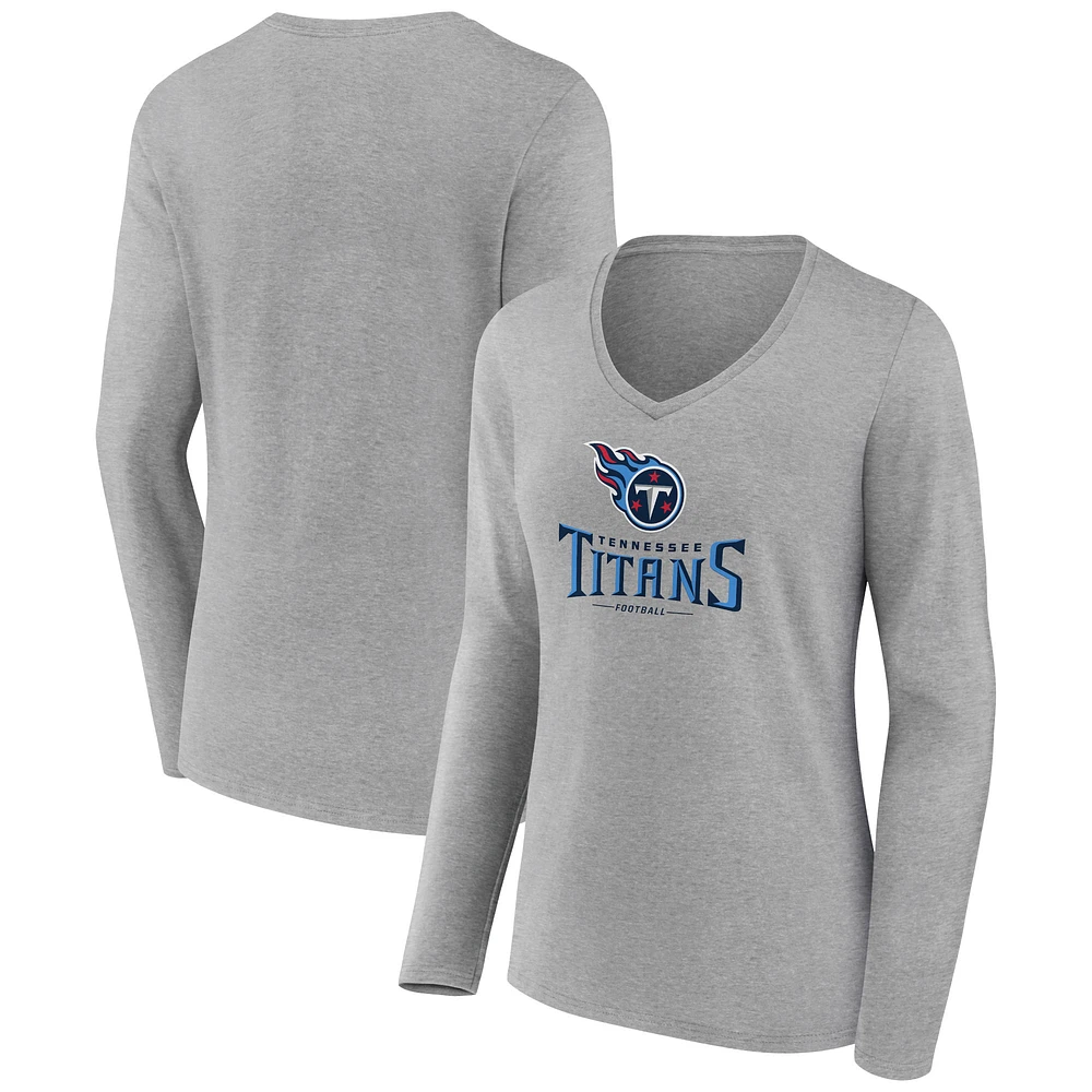 Women's Heather Gray Tennessee Titans Logo Team Lockup Long Sleeve V-Neck T-Shirt