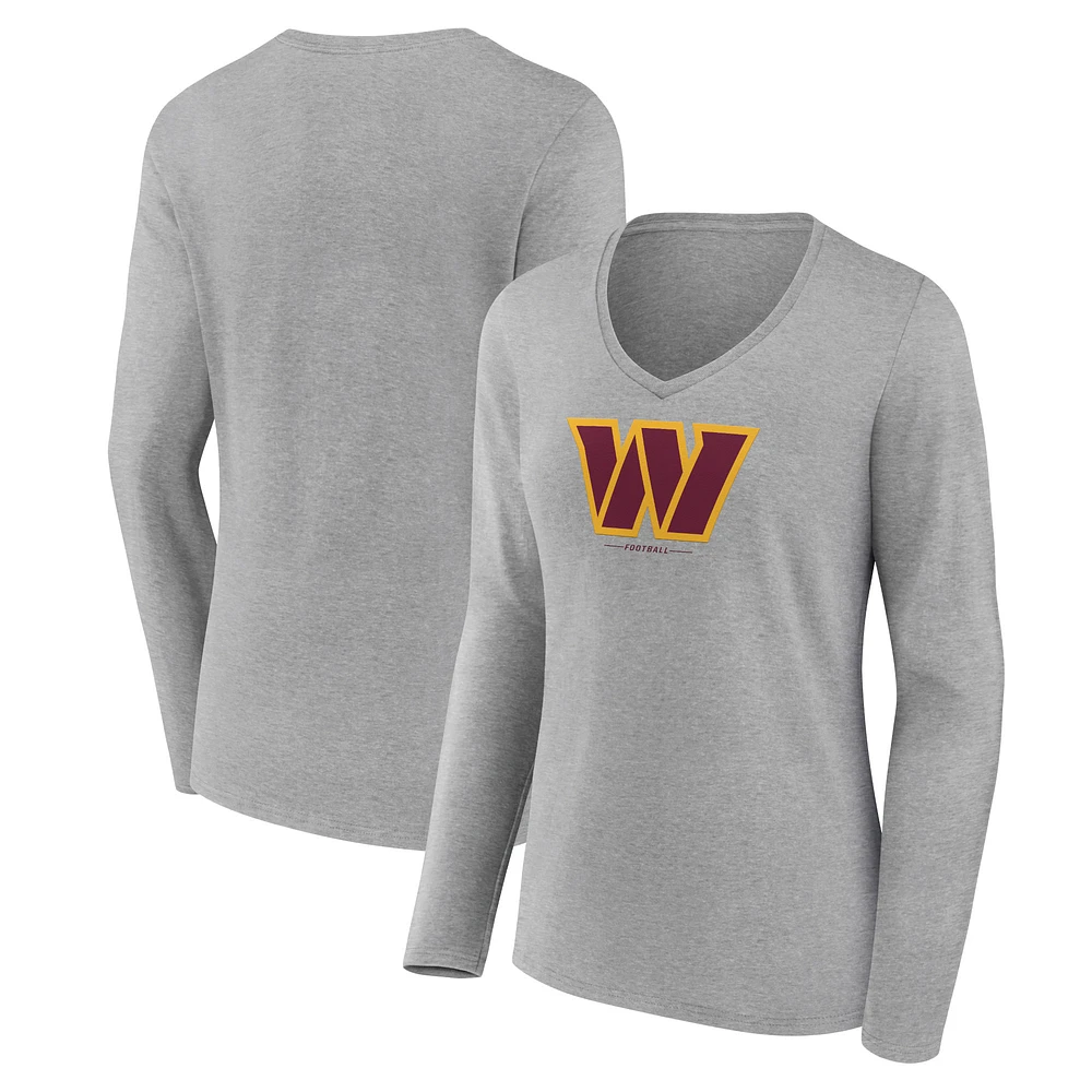 Women's Heather Gray Washington Commanders Logo Team Lockup Long Sleeve V-Neck T-Shirt