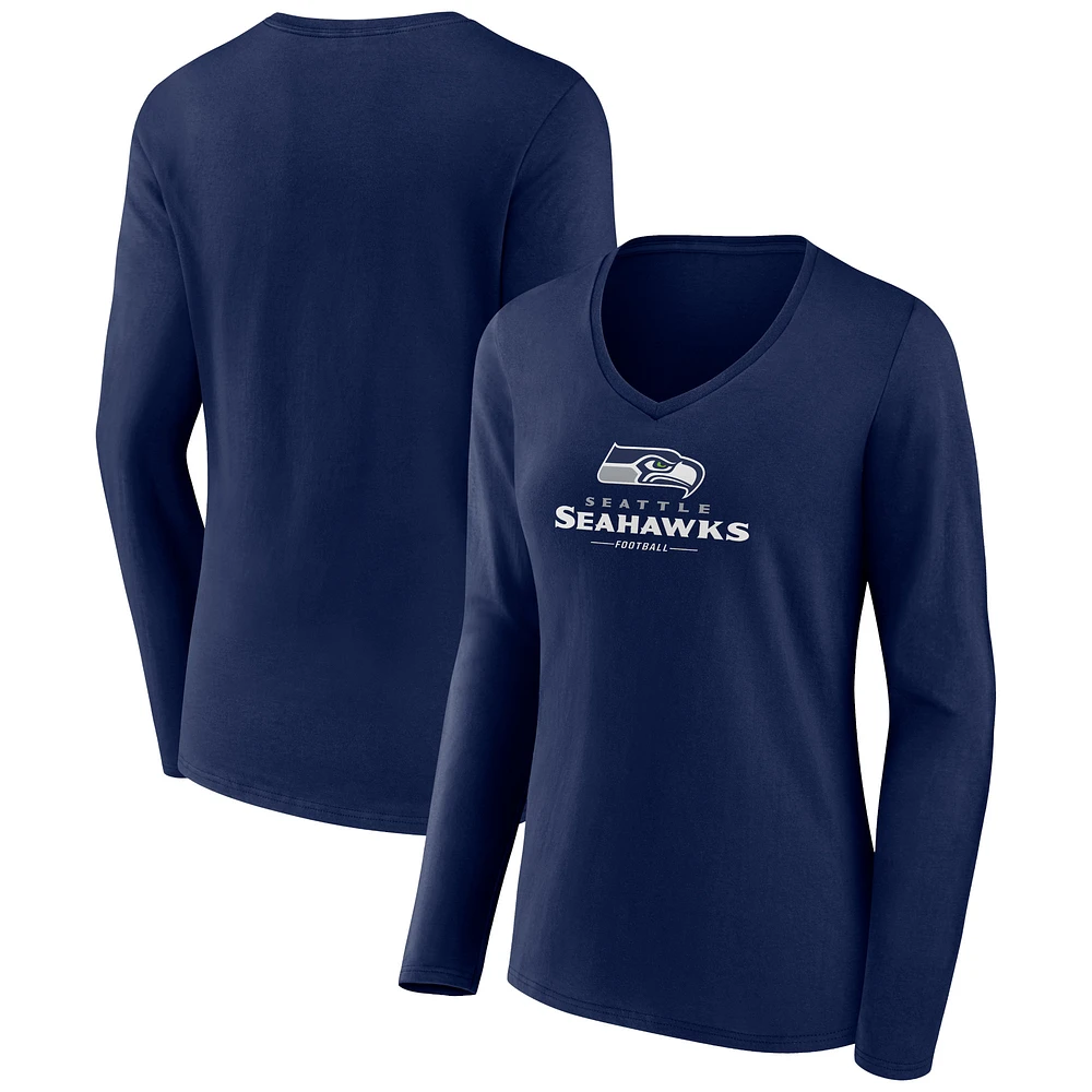 Women's College Navy Seattle Seahawks Logo Team Lockup Long Sleeve V-Neck T-Shirt