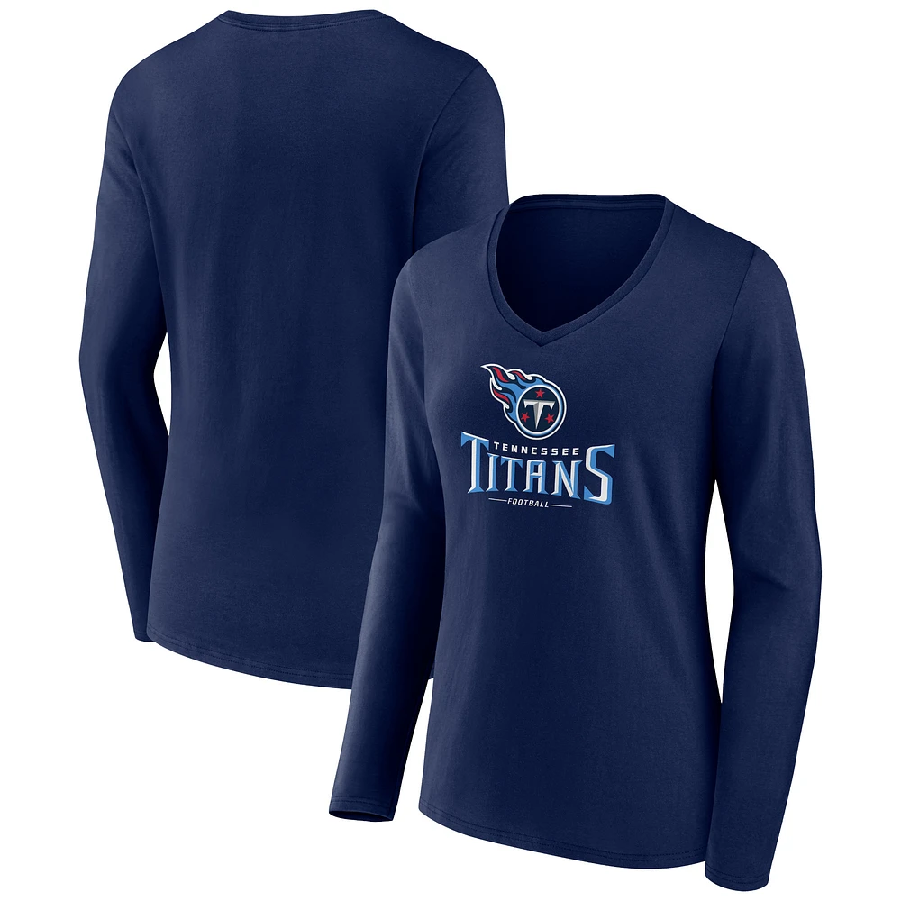 Women's Navy Tennessee Titans Logo Team Lockup Long Sleeve V-Neck T-Shirt