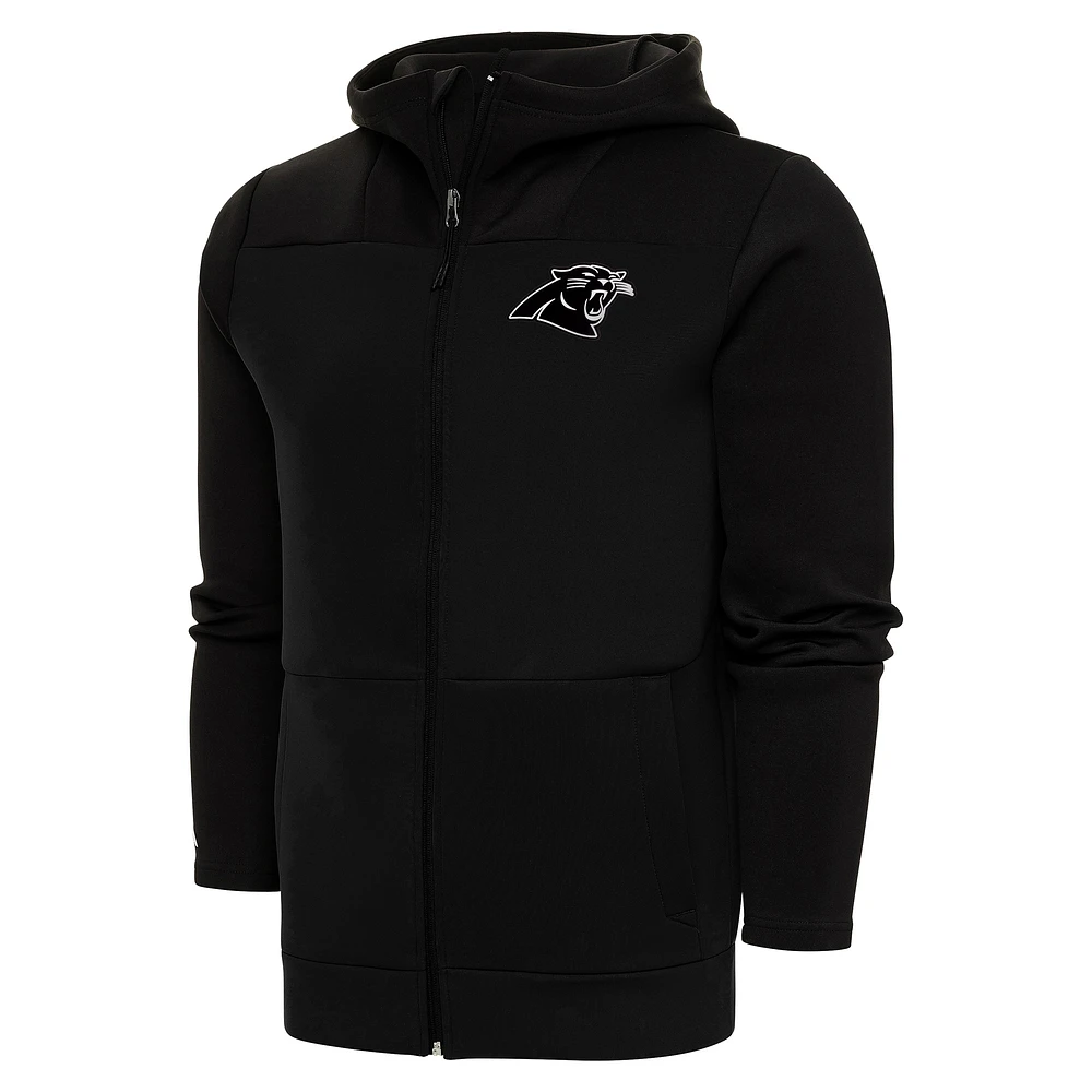 Men's Antigua Black Carolina Panthers Metallic Logo Protect Full-Zip Hoodie