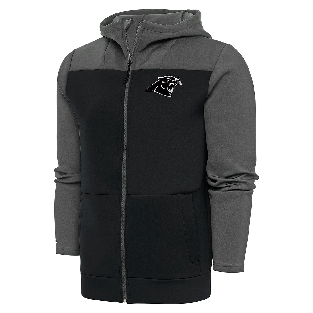 Men's Antigua Steel/Charcoal Carolina Panthers Metallic Logo Protect Full-Zip Hoodie