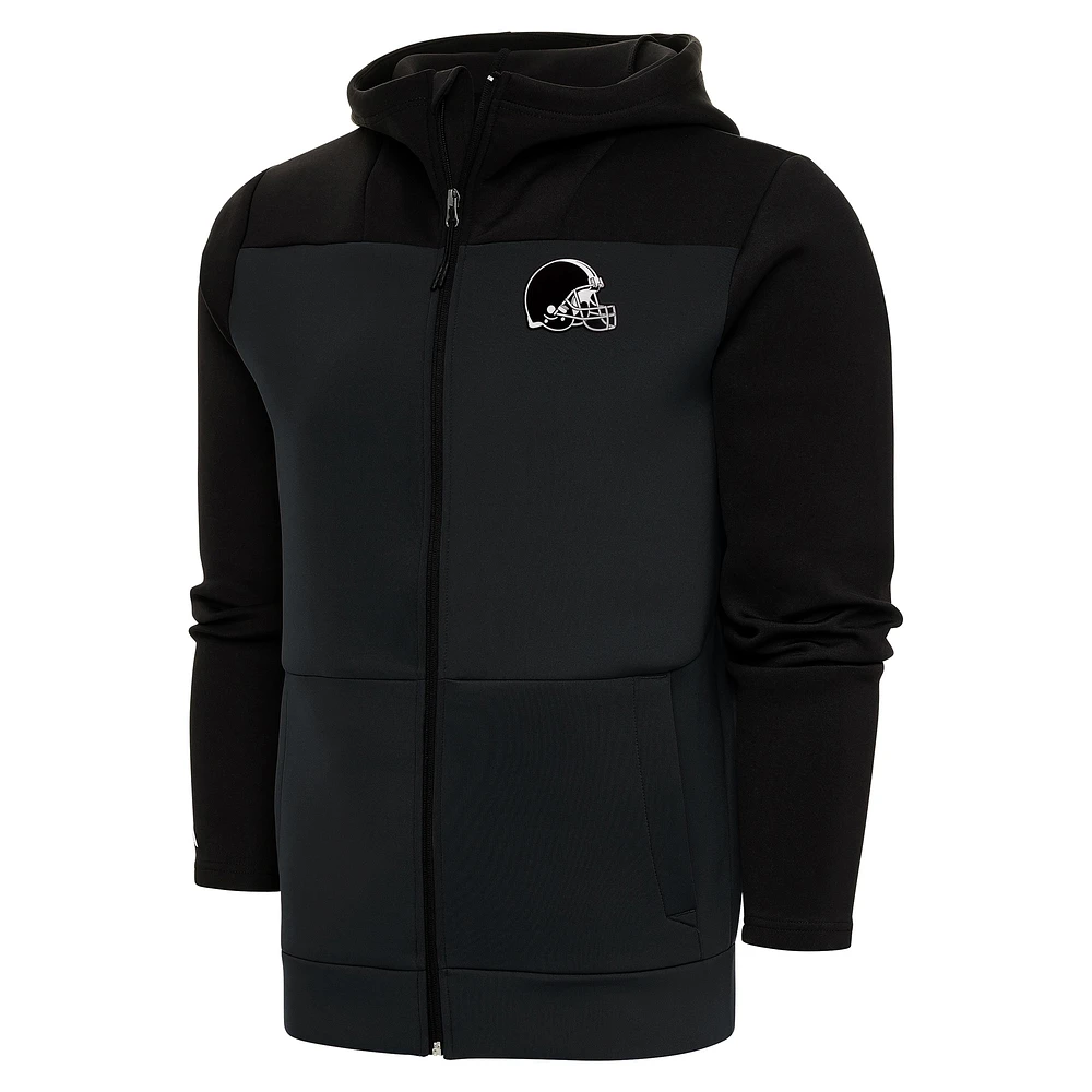 Men's Antigua Charcoal/Black Cleveland Browns Metallic Logo Protect Full-Zip Hoodie