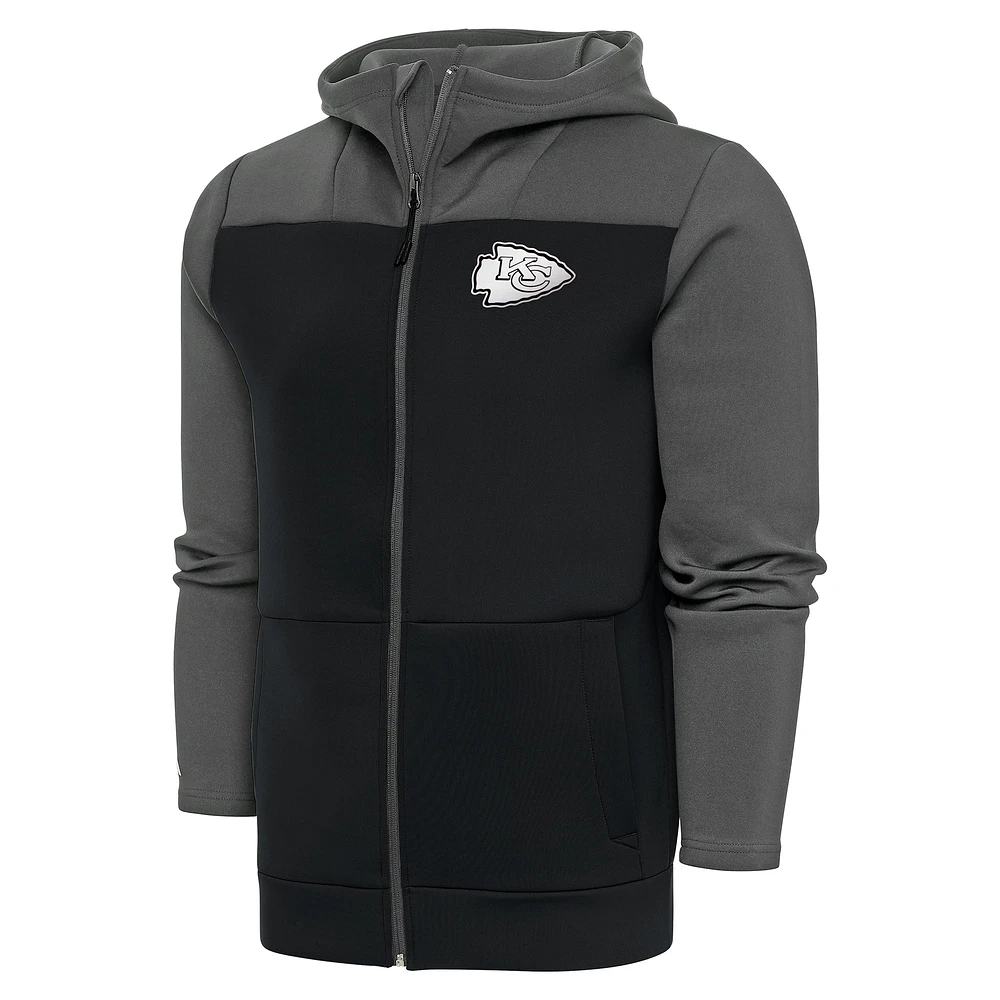 Men's Antigua Steel/Charcoal Kansas City Chiefs Metallic Logo Protect Full-Zip Hoodie