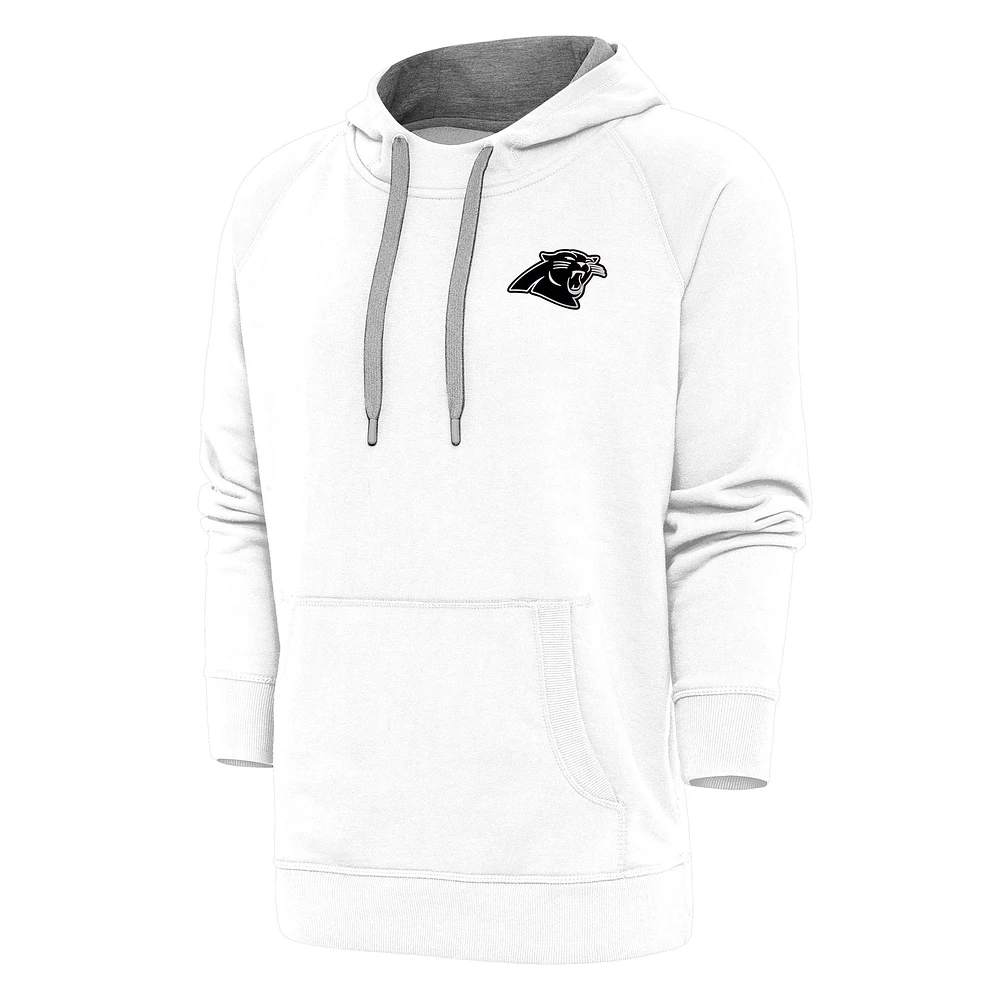 Men's Antigua White Carolina Panthers Metallic Logo Victory Pullover Hoodie