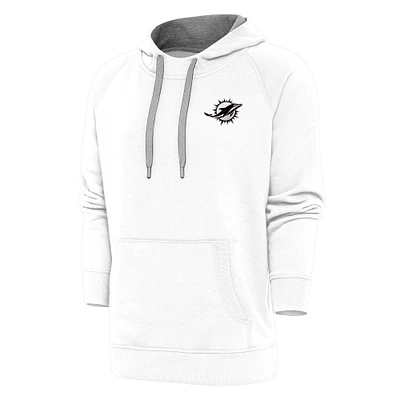 Men's Antigua White Miami Dolphins Metallic Logo Victory Pullover Hoodie