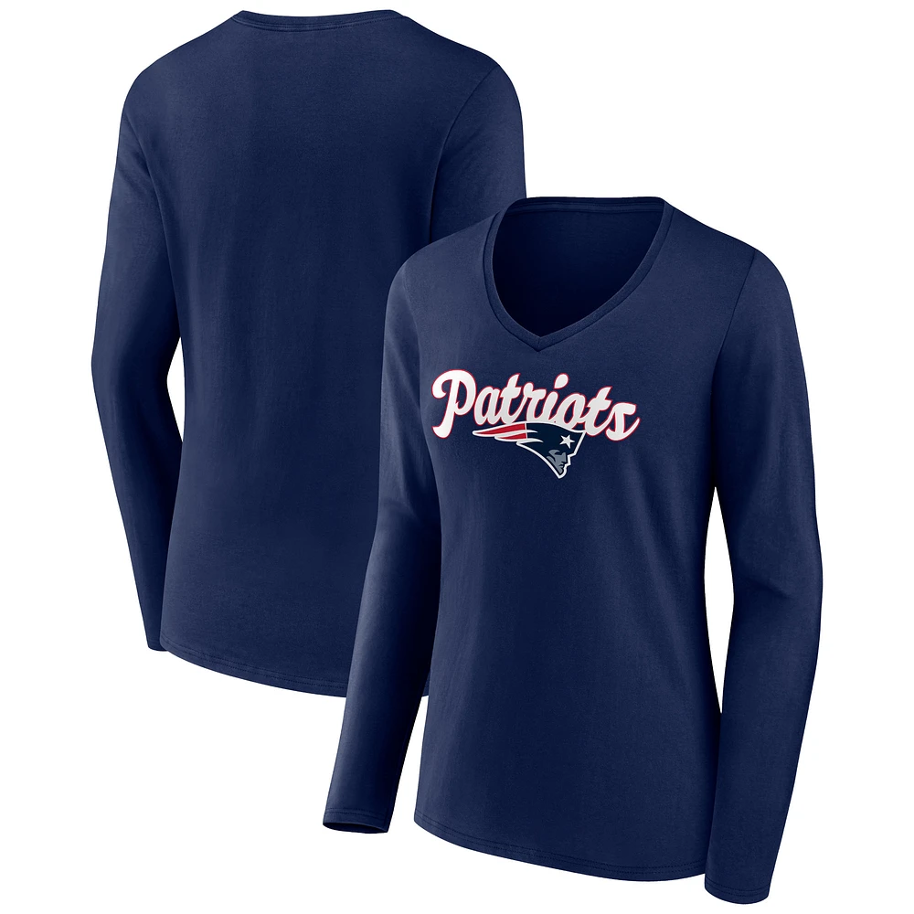 Women's Navy New England Patriots Freehand Team Long Sleeve V-Neck T-Shirt