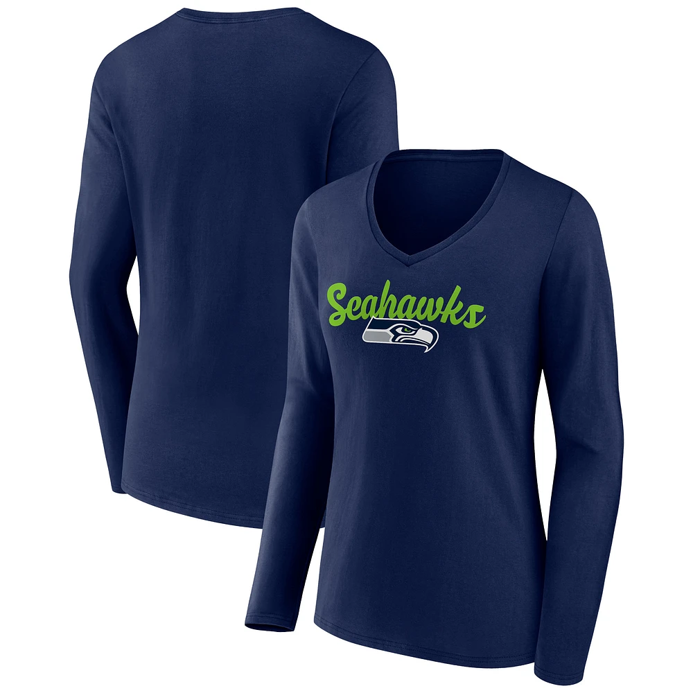 Women's College Navy Seattle Seahawks Freehand Team Long Sleeve V-Neck T-Shirt