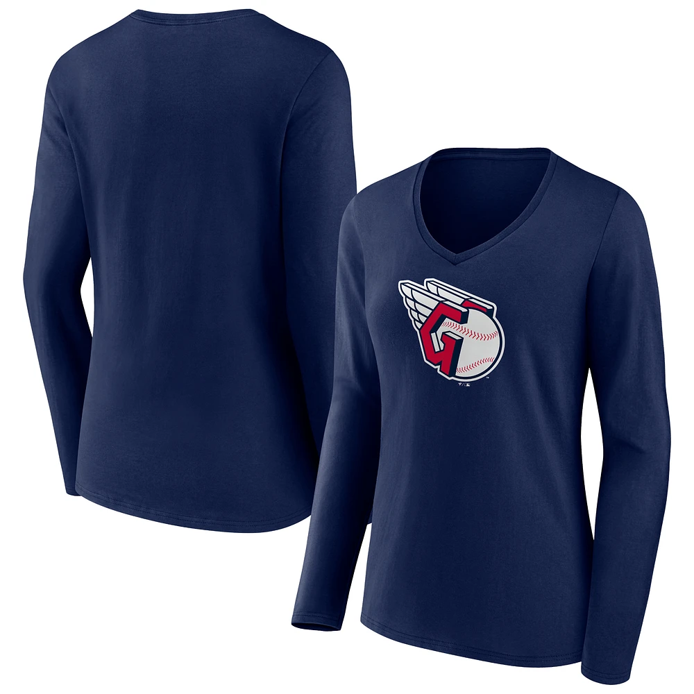 Women's Navy Cleveland Guardians Team Logo Long Sleeve V-Neck T-Shirt