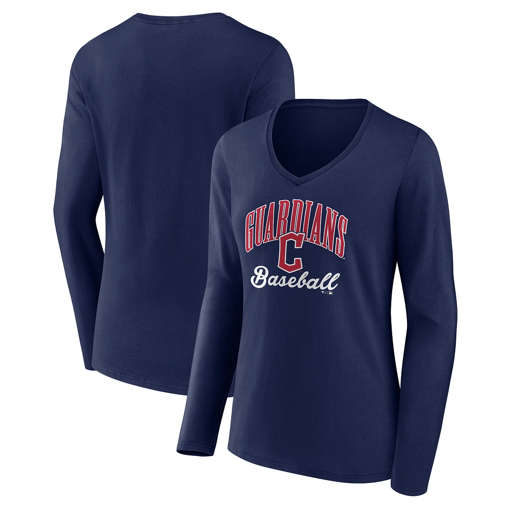 Women's Navy Cleveland Guardians Victory Script Long Sleeve V-Neck T-Shirt