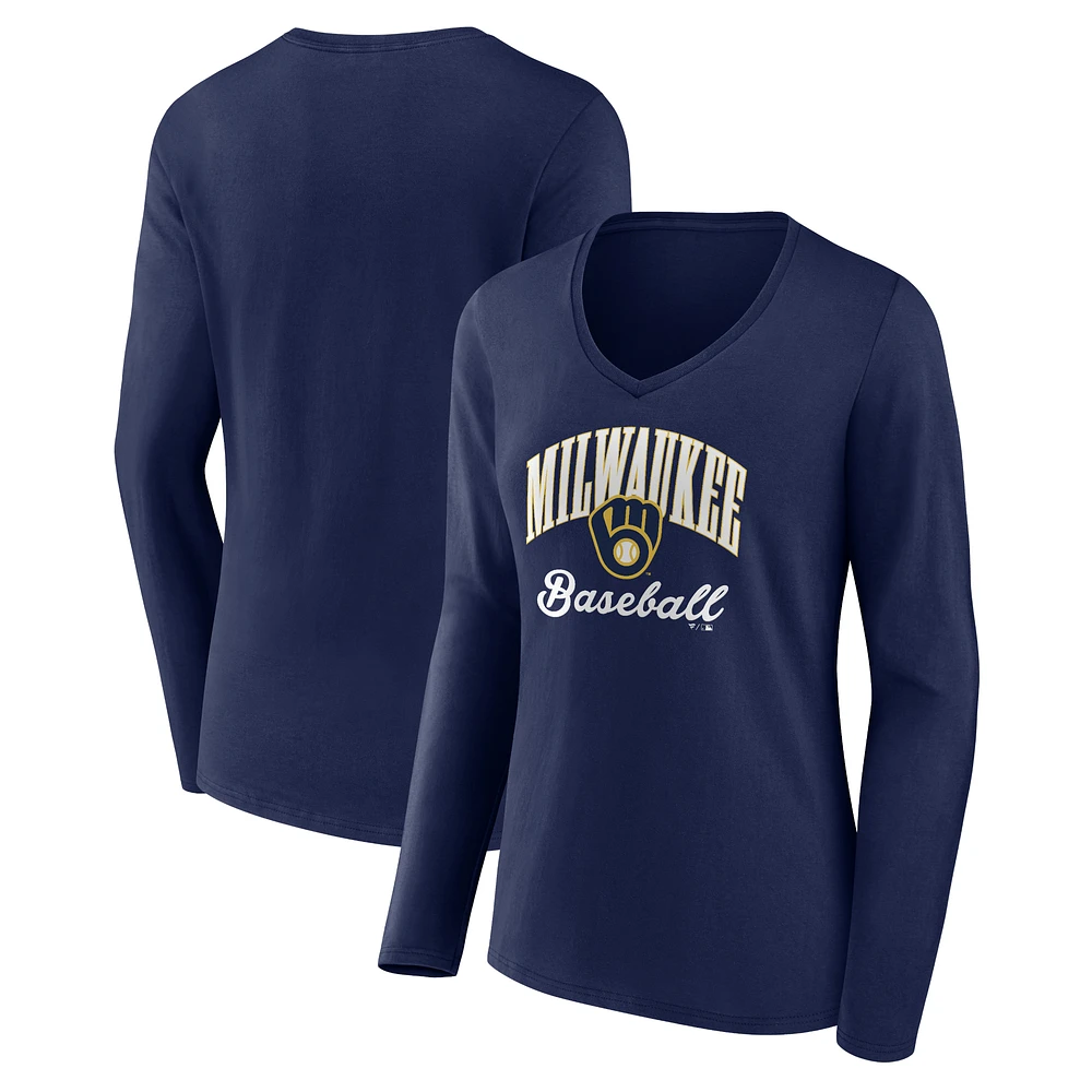 Women's Navy Milwaukee Brewers Victory Script Long Sleeve V-Neck T-Shirt