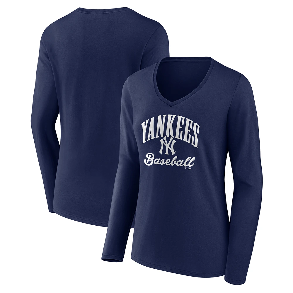 Women's Navy New York Yankees Victory Script Long Sleeve V-Neck T-Shirt