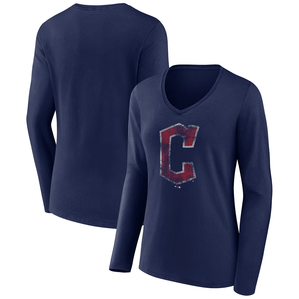 Women's Navy Cleveland Guardians Distressed Team Long Sleeve V-Neck T-Shirt