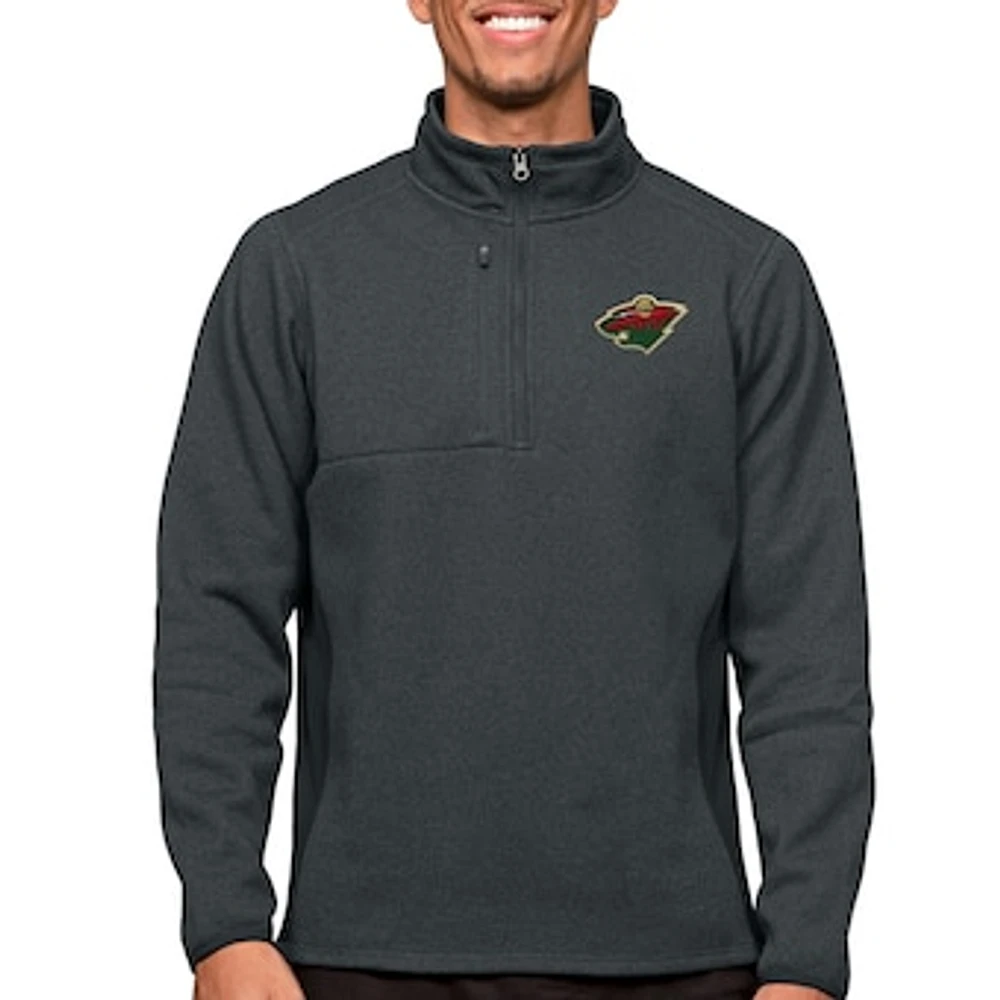 Men's Antigua Heather Charcoal Minnesota Wild Course Quarter-Zip Pullover Top