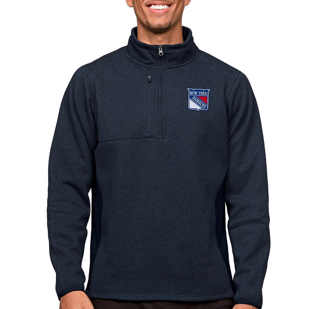 Men's Antigua Heather Navy New York Rangers Course Quarter-Zip Pullover Top