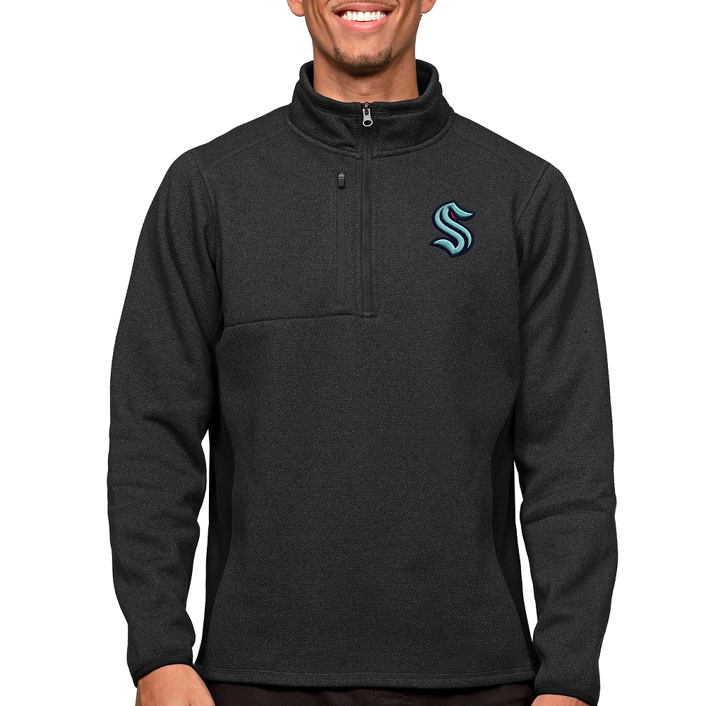 Men's Antigua Heather Black Seattle Kraken Course Quarter-Zip Pullover Top
