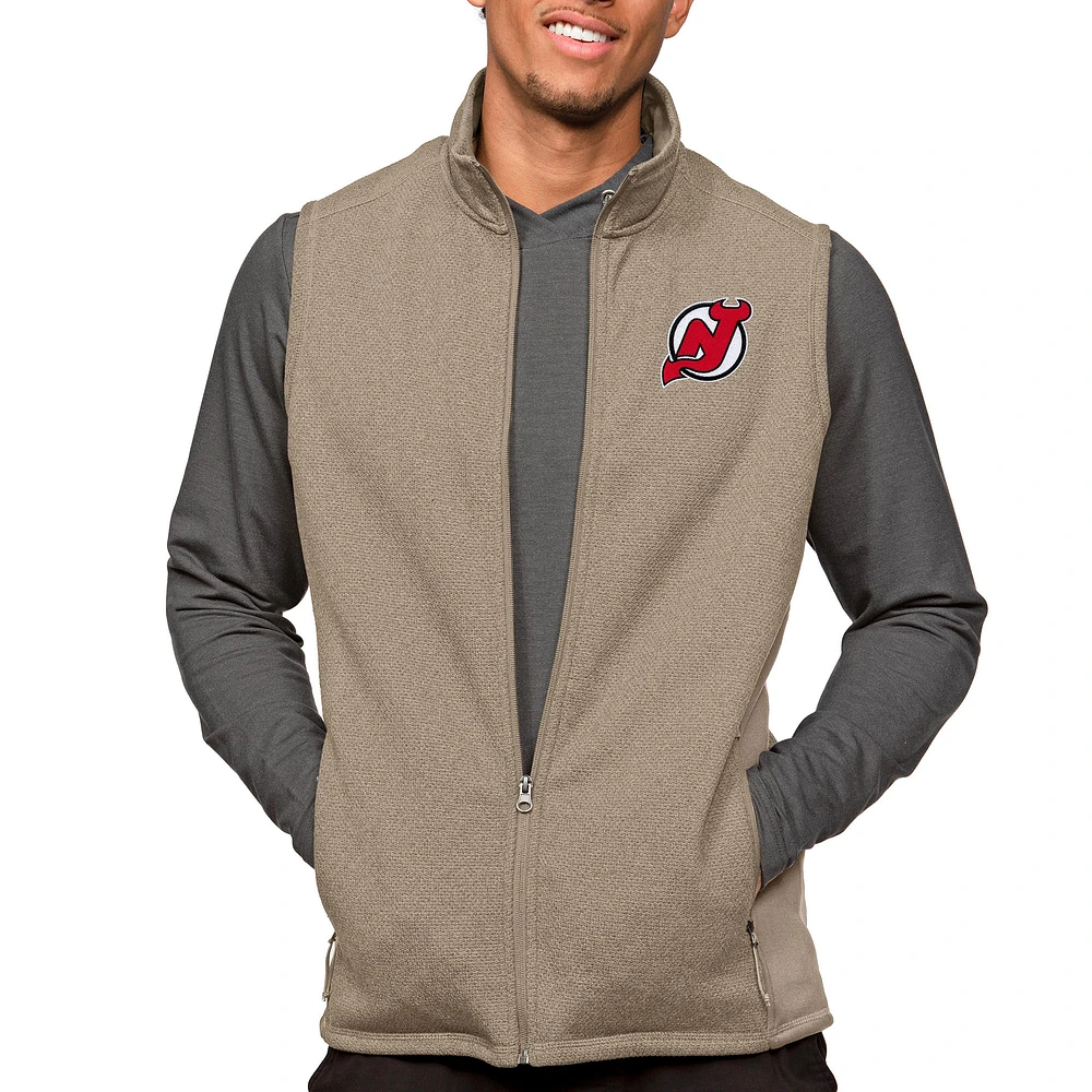 Men's Antigua Oatmeal New Jersey Devils Course Full-Zip Vest
