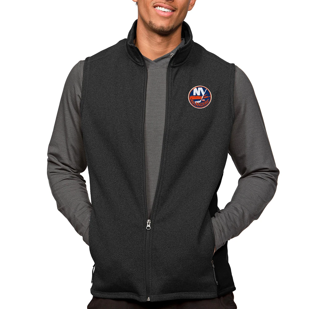 Men's Antigua Heather Black New York Islanders Course Full-Zip Vest