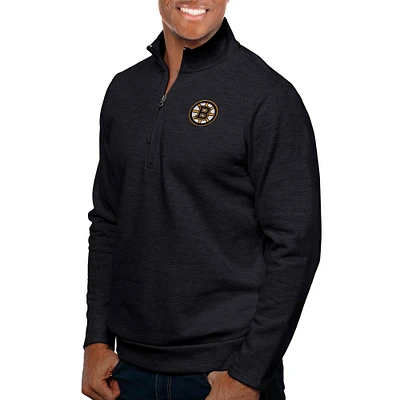 Men's Antigua Heather Black Boston Bruins Gambit Quarter-Zip Pullover Top