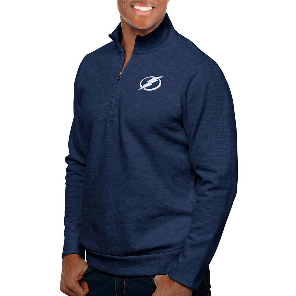 Men's Antigua Heather Navy Tampa Bay Lightning Gambit Quarter-Zip Pullover Top