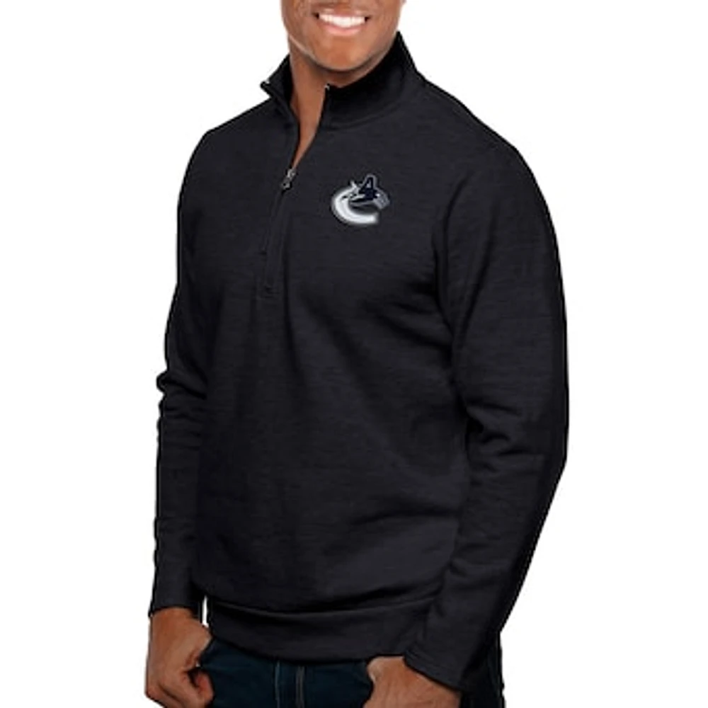 Men's Antigua Heather Black Vancouver Canucks Gambit Quarter-Zip Pullover Top