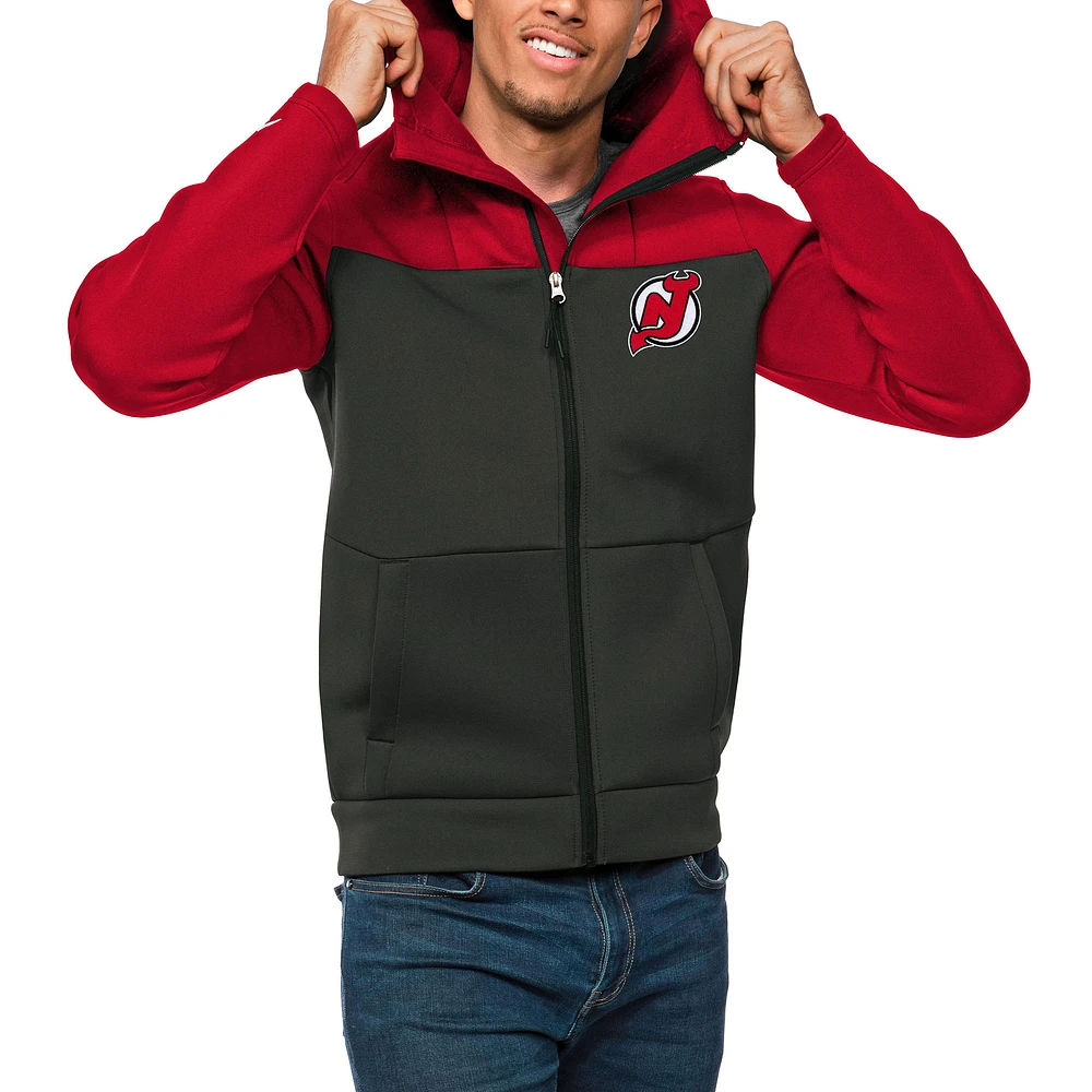 Men's Antigua Red/Charcoal New Jersey Devils Protect Full-Zip Hoodie