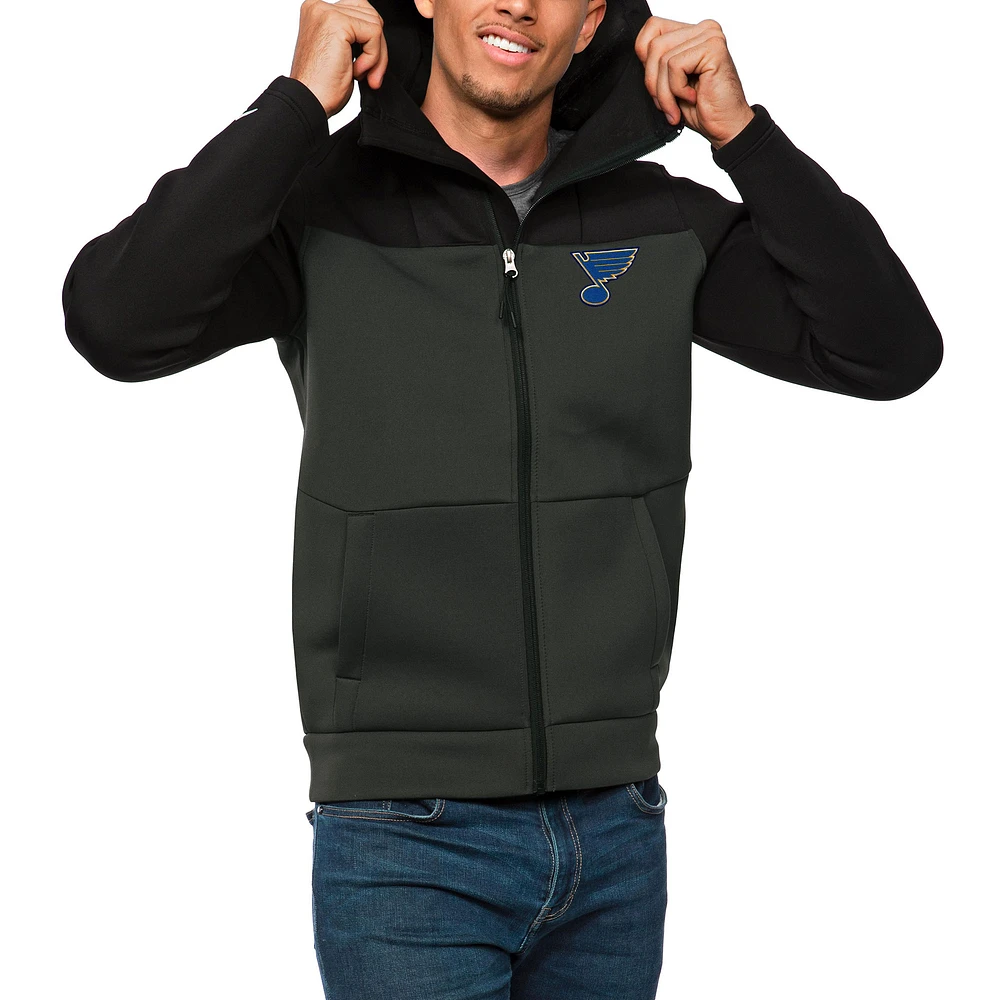 Men's Antigua Black/Charcoal St. Louis Blues Protect Full-Zip Hoodie