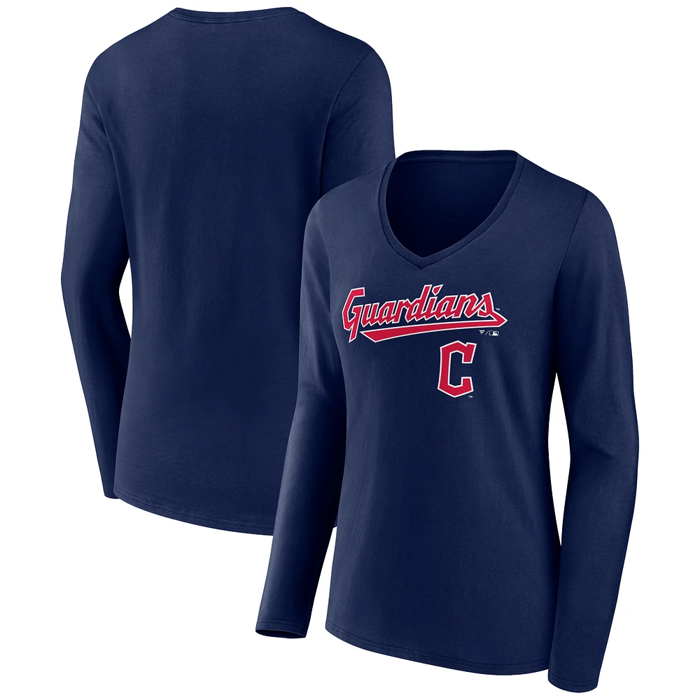 Women's Navy Cleveland Guardians Team Lockup Long Sleeve V-Neck T-Shirt