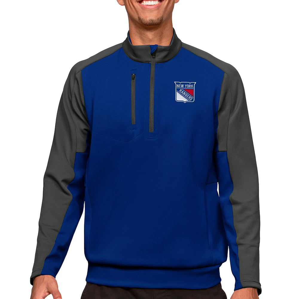 Men's Antigua Royal/Charcoal New York Rangers Quarter-Zip Pullover Top