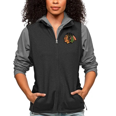 Women's Antigua Heather Black Chicago Blackhawks Primary Logo Course Full-Zip Vest