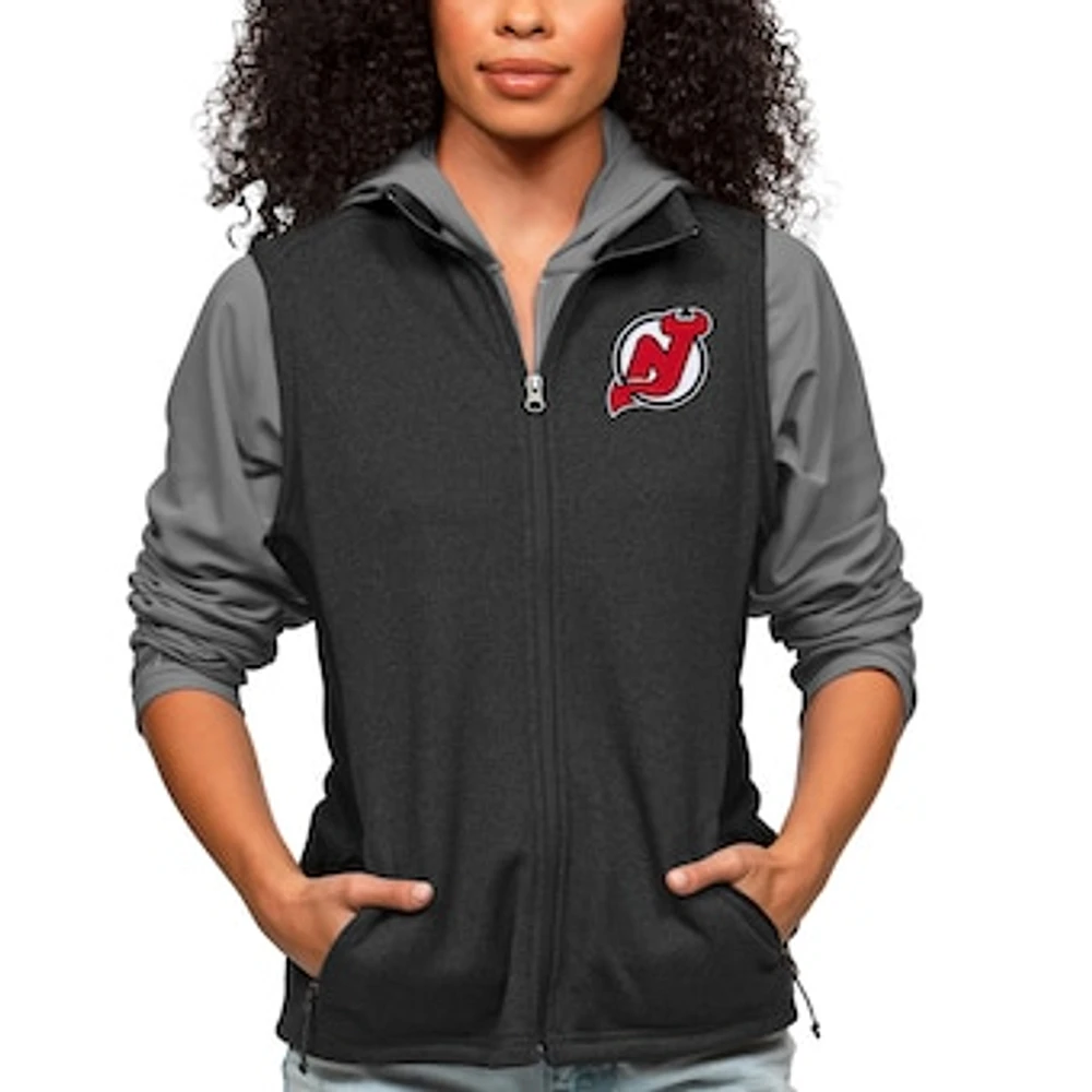 Women's Antigua Heather Black New Jersey Devils Primary Logo Course Full-Zip Vest