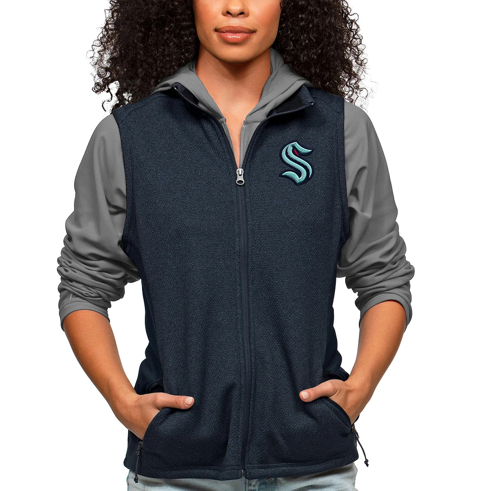 Women's Antigua Heather Navy Seattle Kraken Primary Logo Course Full-Zip Vest