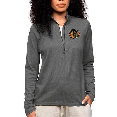 Women's Antigua Heather Charcoal Chicago Blackhawks Primary Logo Epic Quarter-Zip Pullover Top