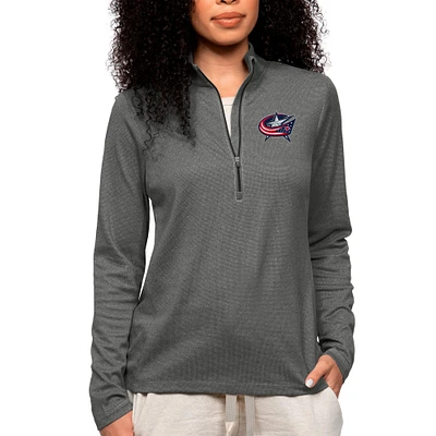 Women's Antigua Heather Charcoal Columbus Blue Jackets Primary Logo Epic Quarter-Zip Pullover Top