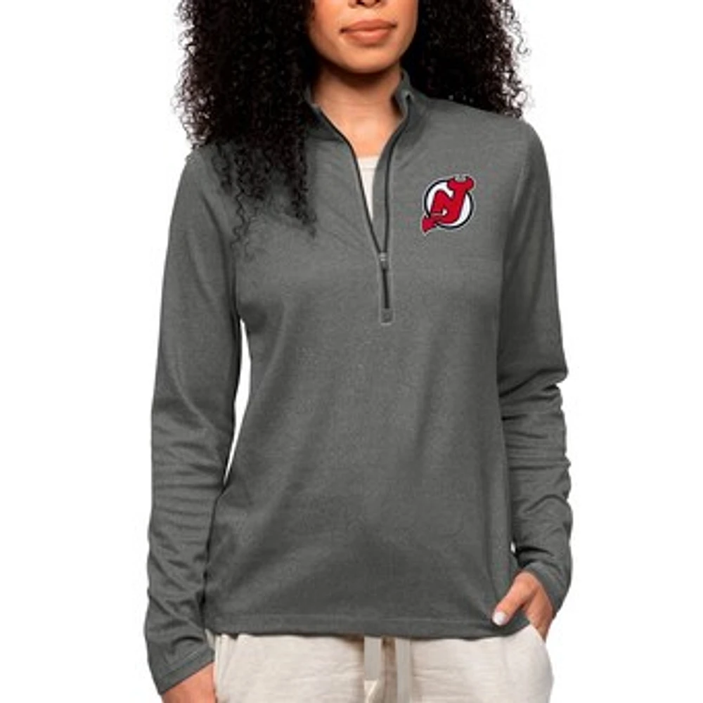 Women's Antigua Heather Charcoal New Jersey Devils Primary Logo Epic Quarter-Zip Pullover Top