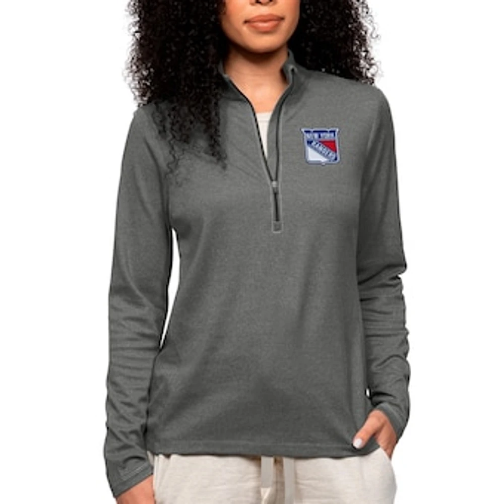 Women's Antigua Heather Charcoal New York Rangers Primary Logo Epic Quarter-Zip Pullover Top