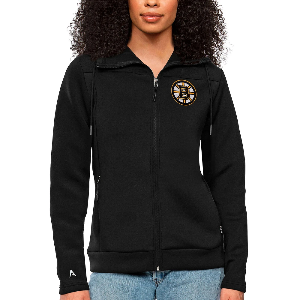 Women's Antigua Black Boston Bruins Team Logo Protect Full-Zip Hoodie
