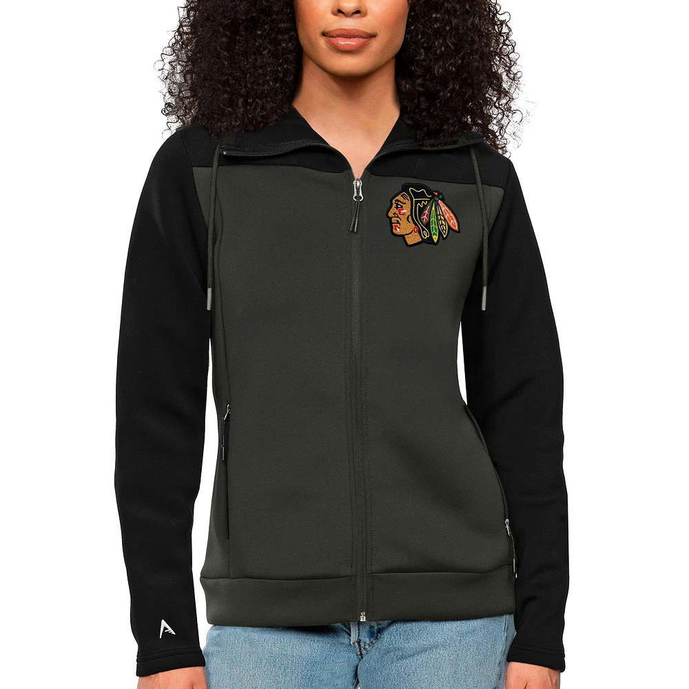 Women's Antigua Black/Charcoal Chicago Blackhawks Protect Full-Zip Hoodie