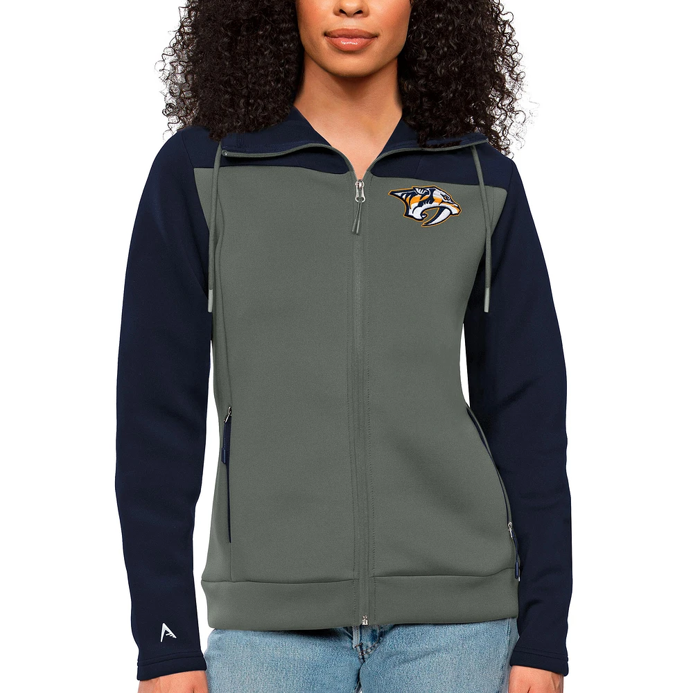 Women's Antigua Navy/Steel Nashville Predators Protect Full-Zip Hoodie