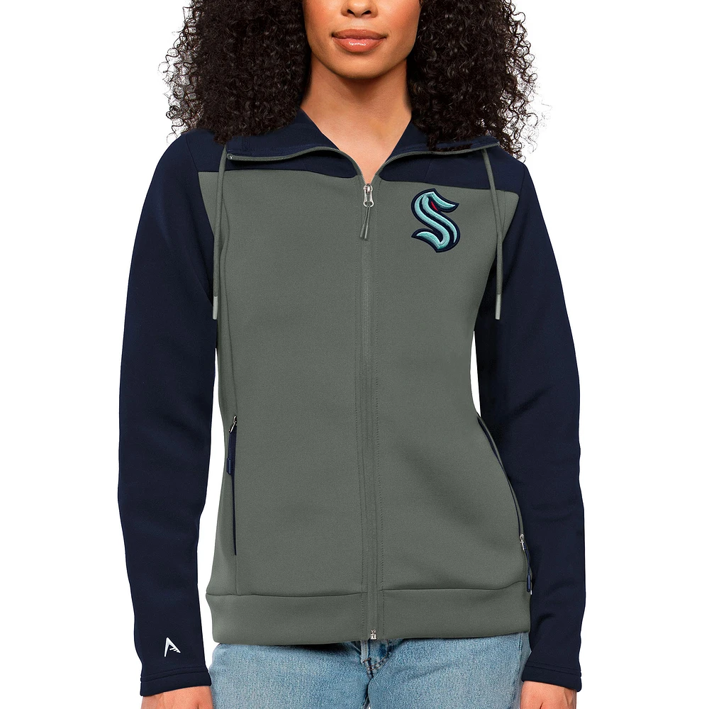 Women's Antigua Navy/Steel Seattle Kraken Protect Full-Zip Hoodie